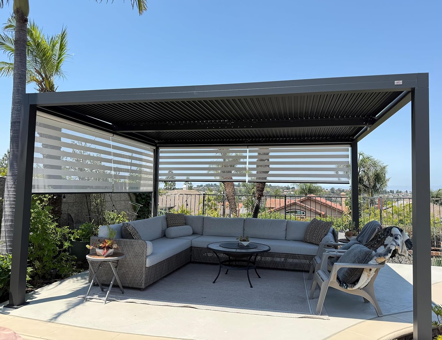 etevert - Pergola bioclimatique - 4,8x3 m - stores enrouleurs, lames orientables, gris