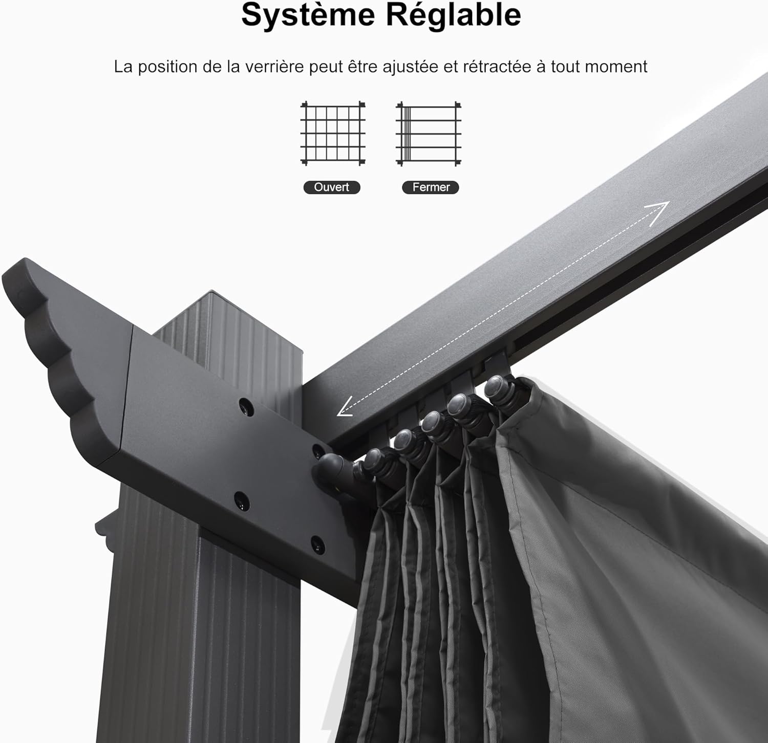 etevert - pergola aluminium - 4,8x3,5m - LED, toit rétractable, tissu mass teinté, structure résistante