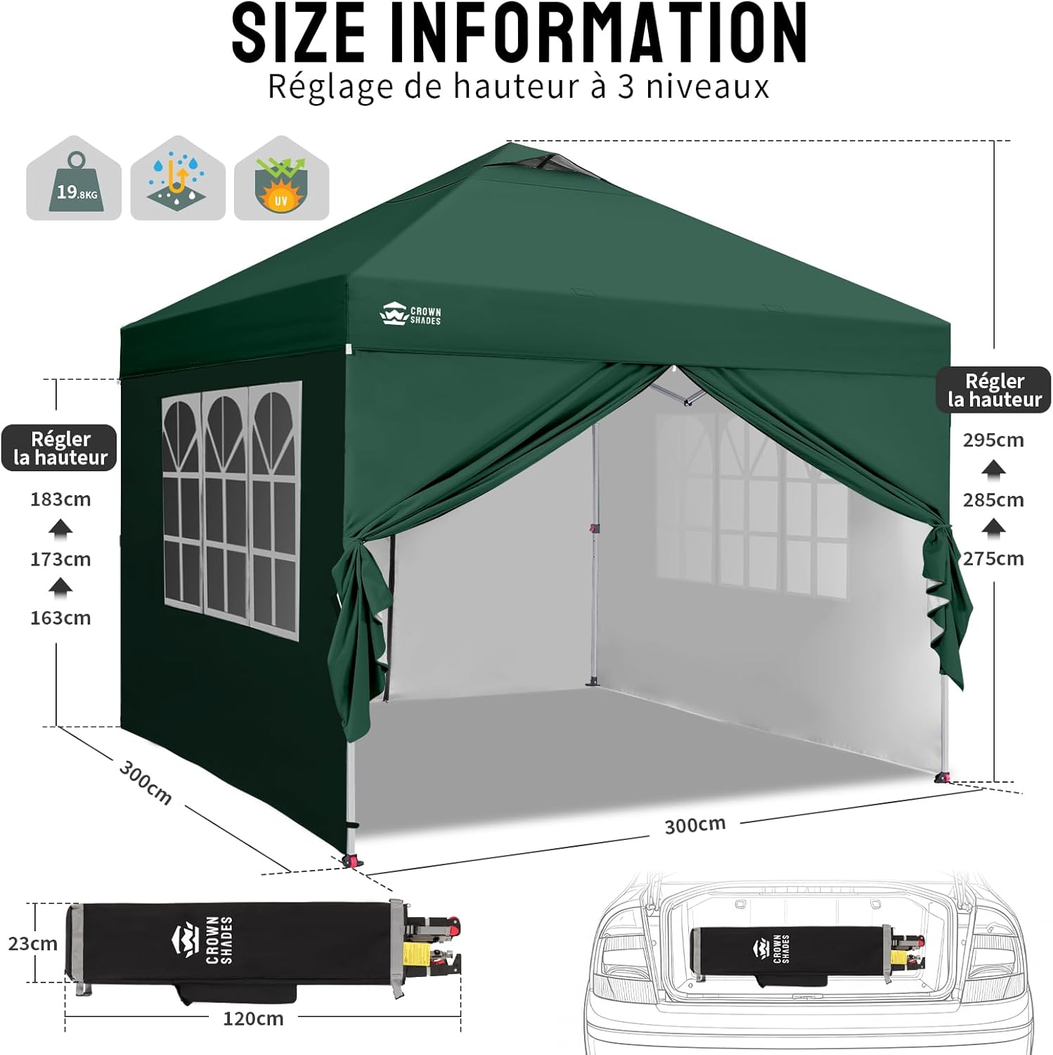 etevert Tonnelle Pliante 3x3 Imperméable, Barnum Pliant de Jardin Exterieur, Pop-Up Gazebo avec Sac de Rangement, UPF 50+, avec 4 Parois Latérales Amovible, 4 Sac de Sable, Vert Forêt