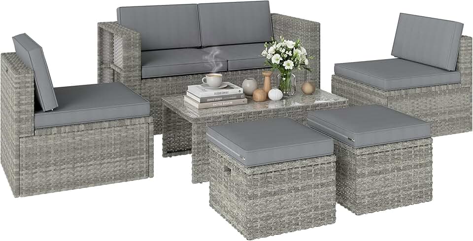 etevert - salon de jardin 6 pièces - canapé, fauteuils, table, gain de place, résine tressée, gris