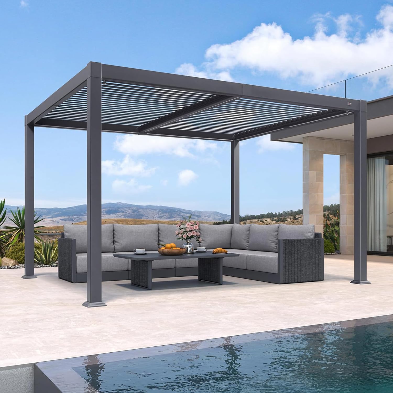 etevert - Pergola bioclimatique - 3 x 3,65 m - aluminium, lames orientables, LED, imperméable