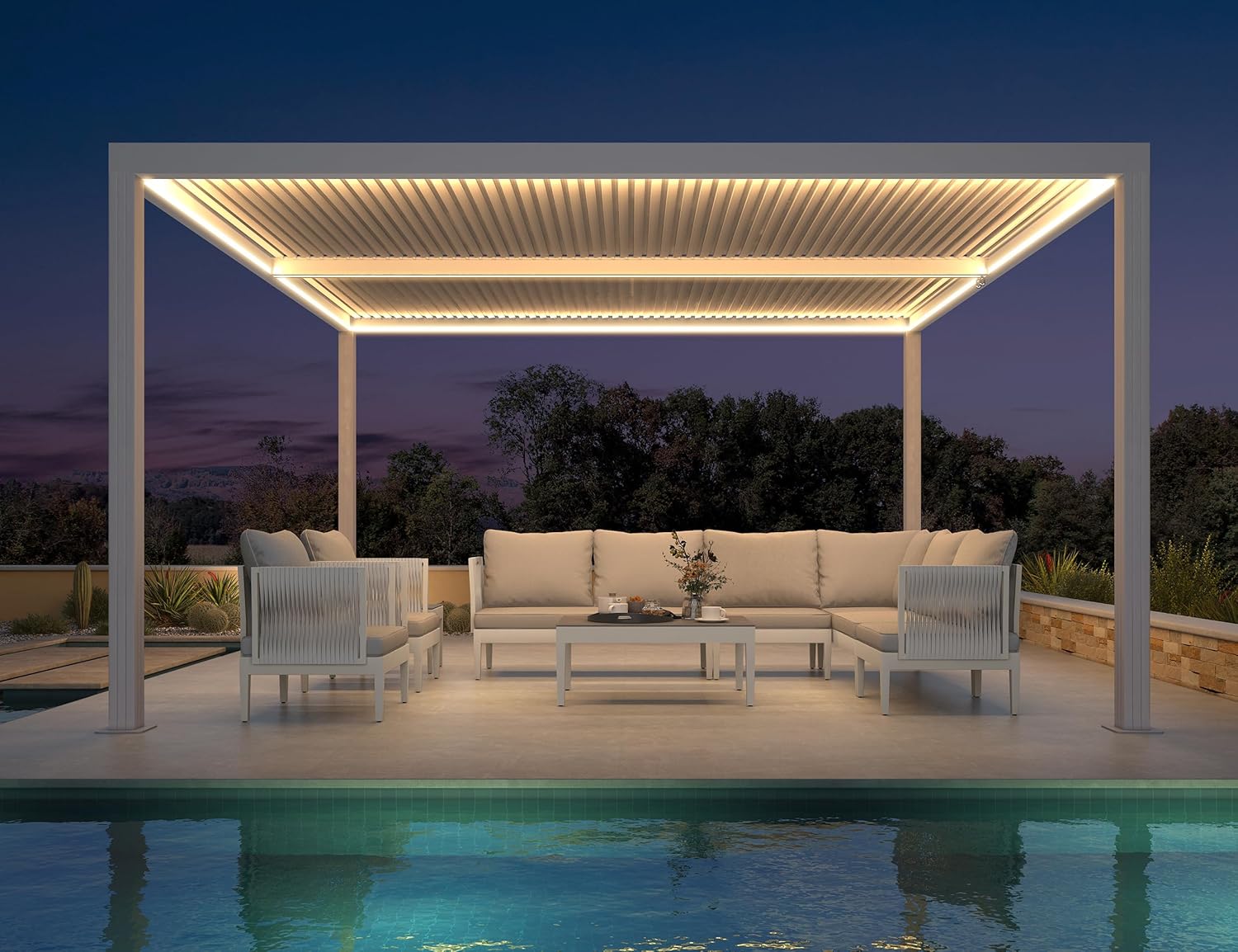 etevert - Pergola bioclimatique 4,24x3m - alu, LED, gouttières, blanc