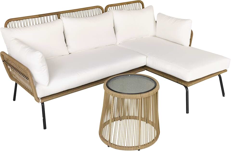 etevert - salon de jardin d'angle 4 places résine tressée - table basse, coussins confort, crème