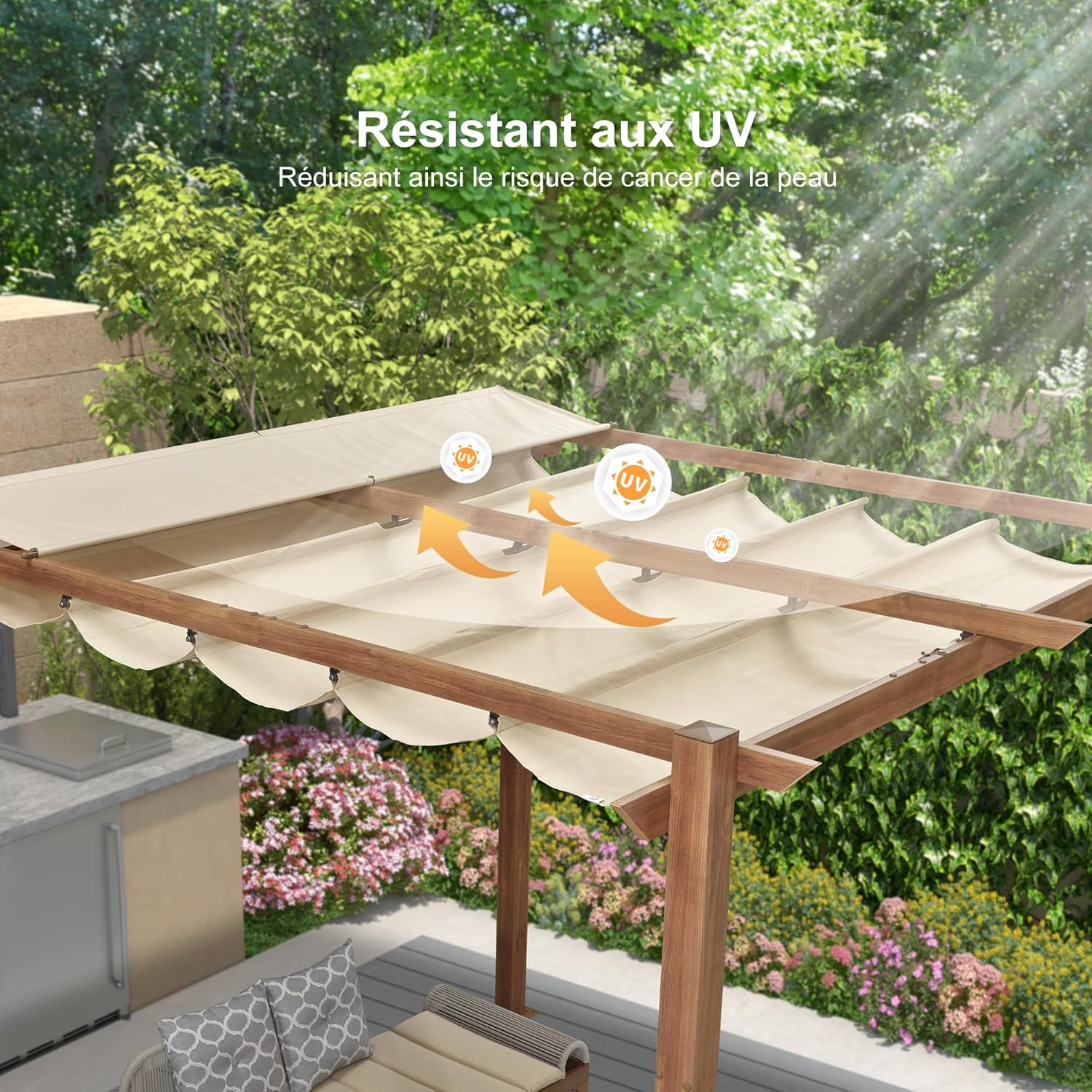 etevert - pergola aluminium - 3x3m - teck, toile rétractable, kaki