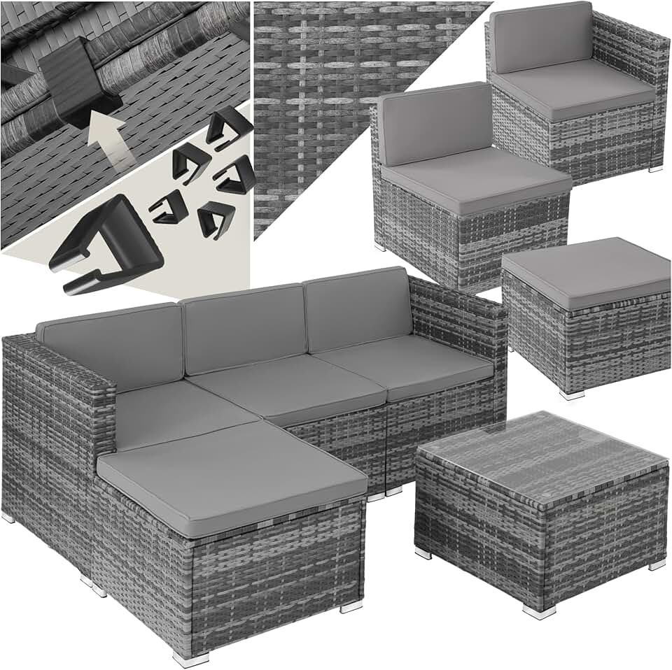 etevert - Salon de jardin modulable 4 places, poly rotin, table et poufs