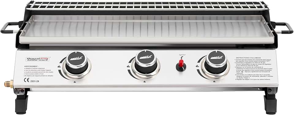 etevert - Plancha gaz inox 3 brûleurs 61,5x32cm, 7,5kW, usage extérieur