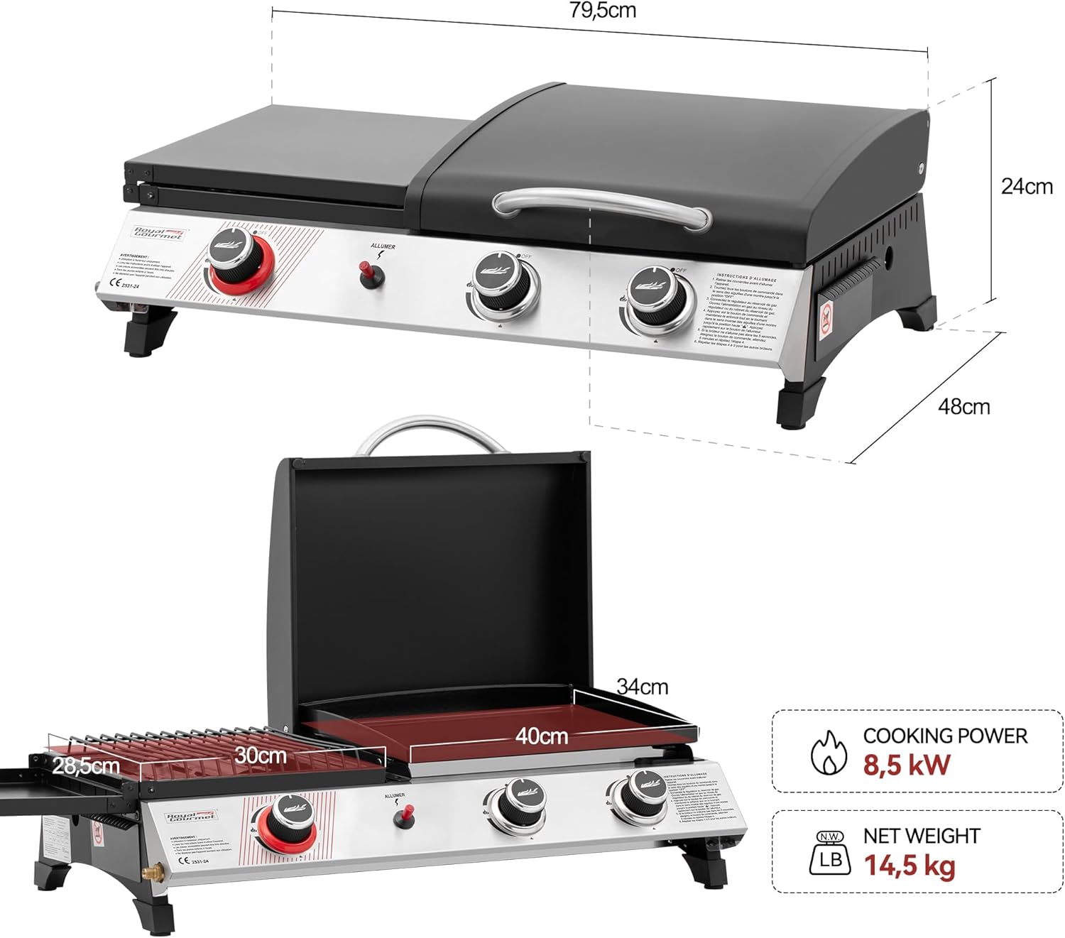 etevert - barbecue gaz 3 brûleurs - 8,5kW - plancha, grille, couvercle multifonction