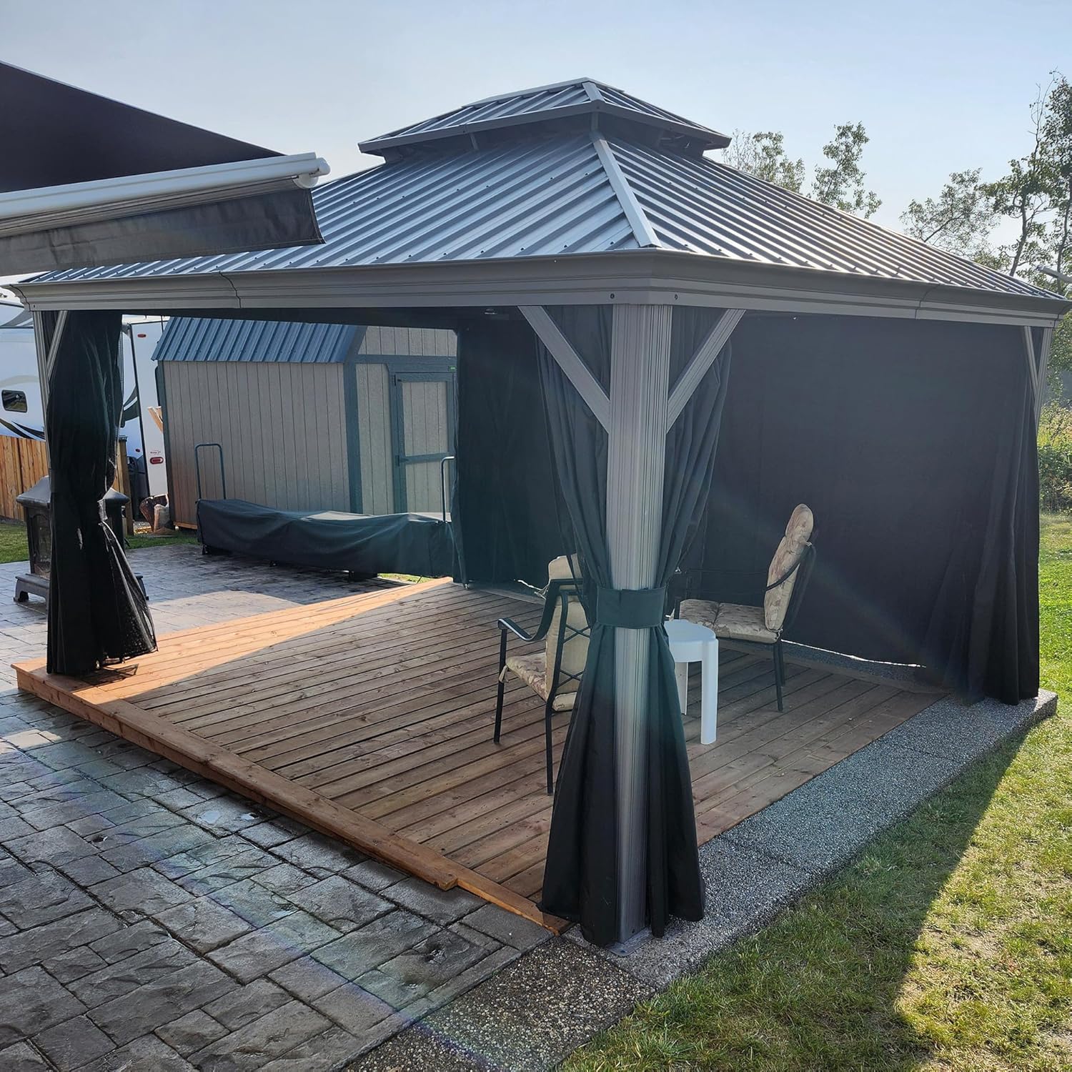 etevert - tonnelle jardin double toit alu - 3,65x4,25m rideaux moustiquaire guirlande solaire
