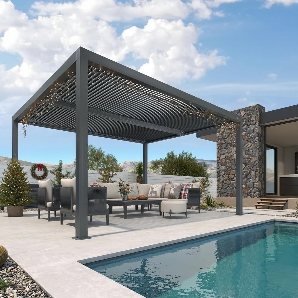 etevert - Pergola Bioclimatique - 4,24 x 3,3 m - Aluminium, lames orientables, commande indépendante, gris