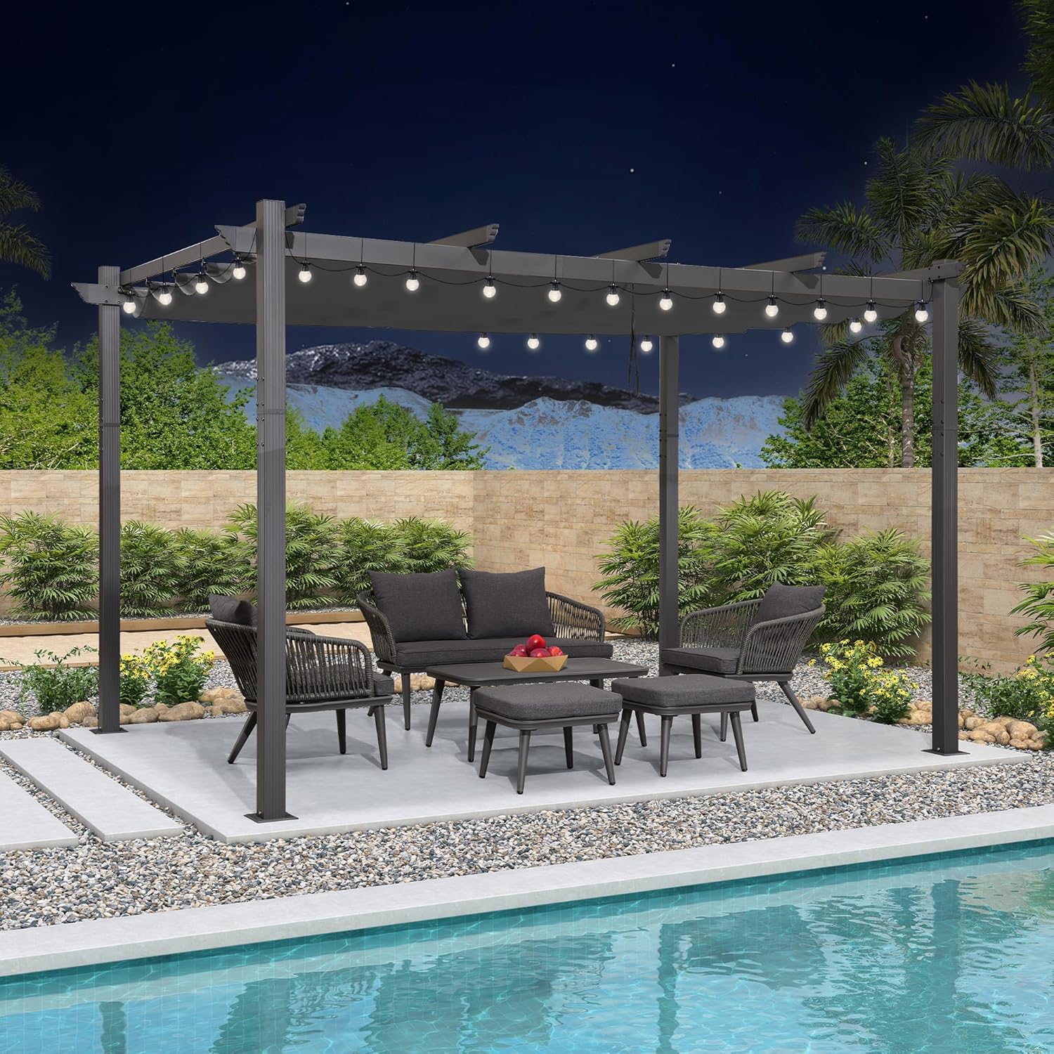 etevert - Pergola LED série - 4x3 m - aluminium, toit rétractable, tissu teinté