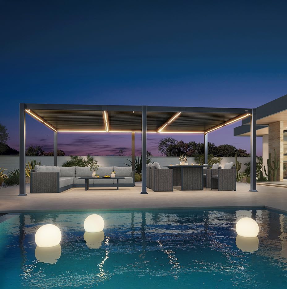 etevert - pergola bioclimatique - 3,5x6,35m - lames LED alu gris