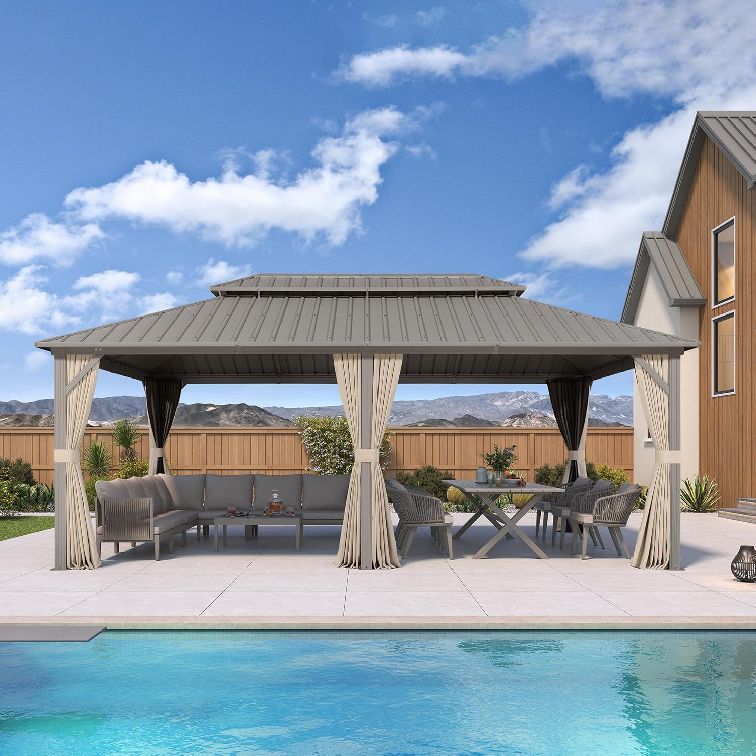 etevert - Pergola série Champagne - 6 x 3,65 m - aluminium, toit acier, moustiquaire et rideaux