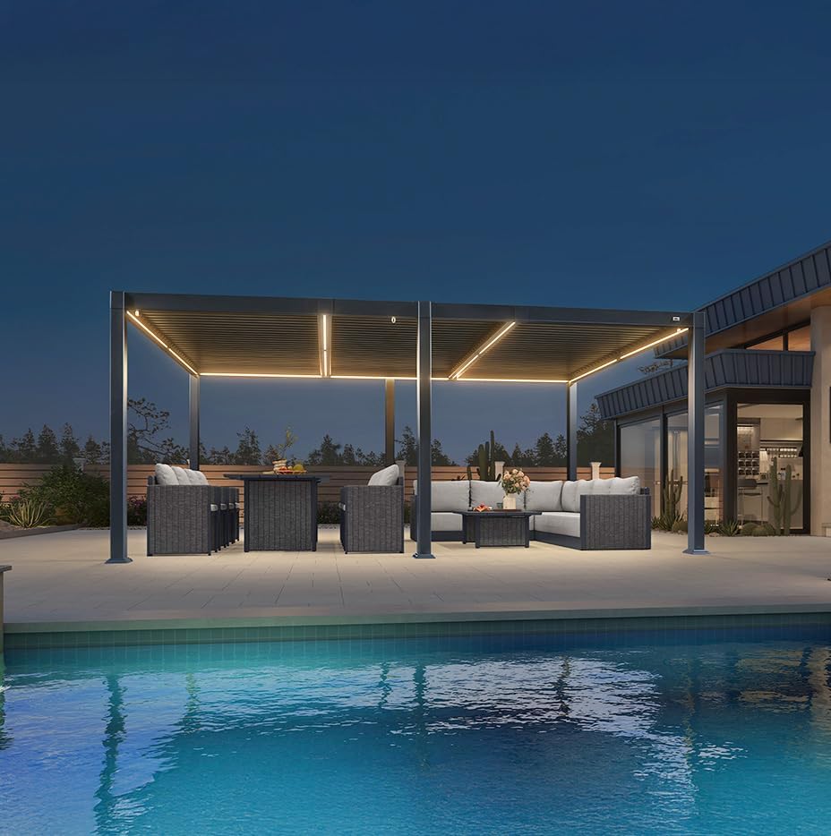etevert - Pergola bioclimatique - 3,5x5,5m - alu, lames LED, étanche