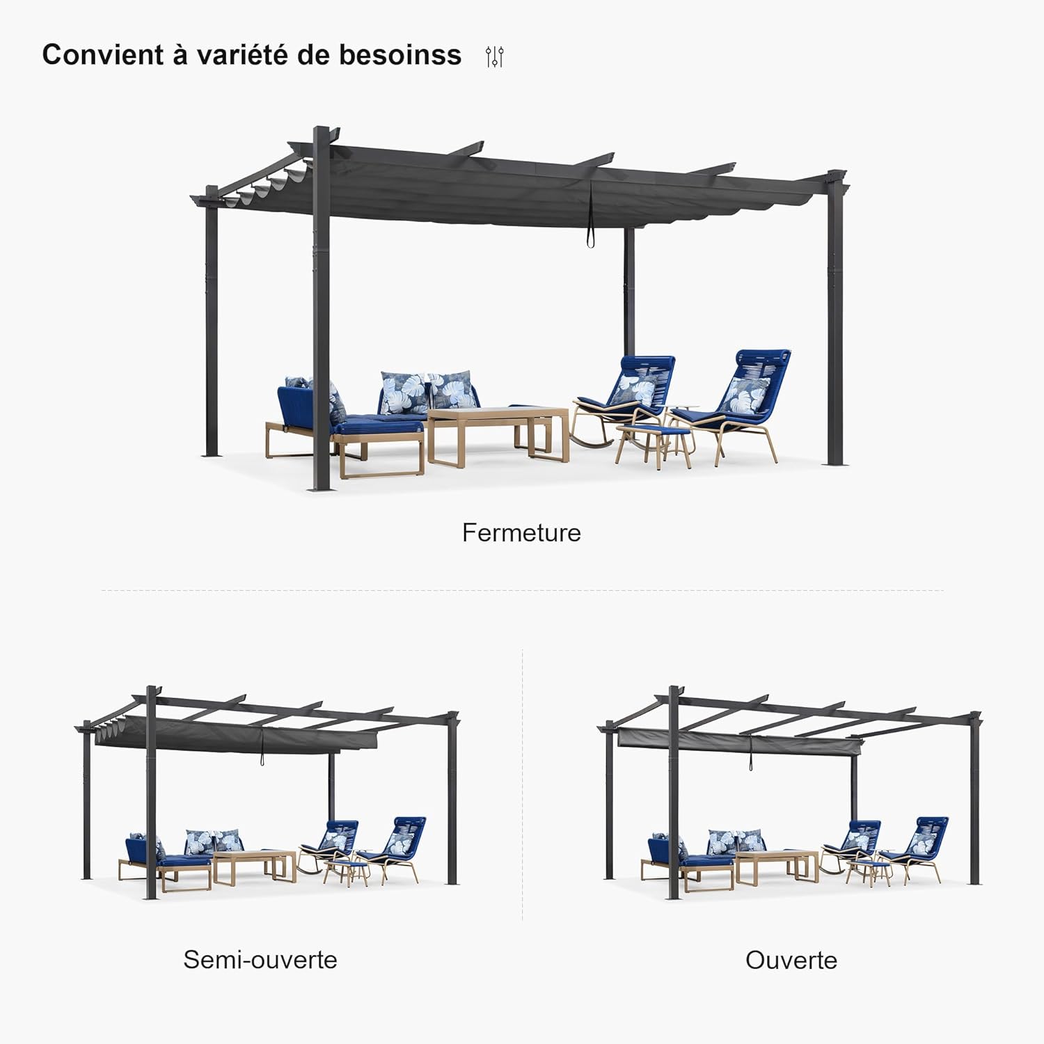 etevert - pergola aluminium - 4,8x3,5m - LED, toit rétractable, tissu mass teinté, structure résistante