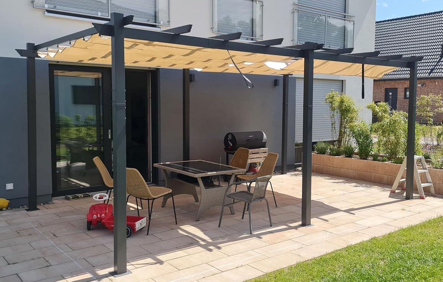 etevert - Pergola aluminium série - 5,5x3,5m - toit coulissant, tissu teint en fil, kaki