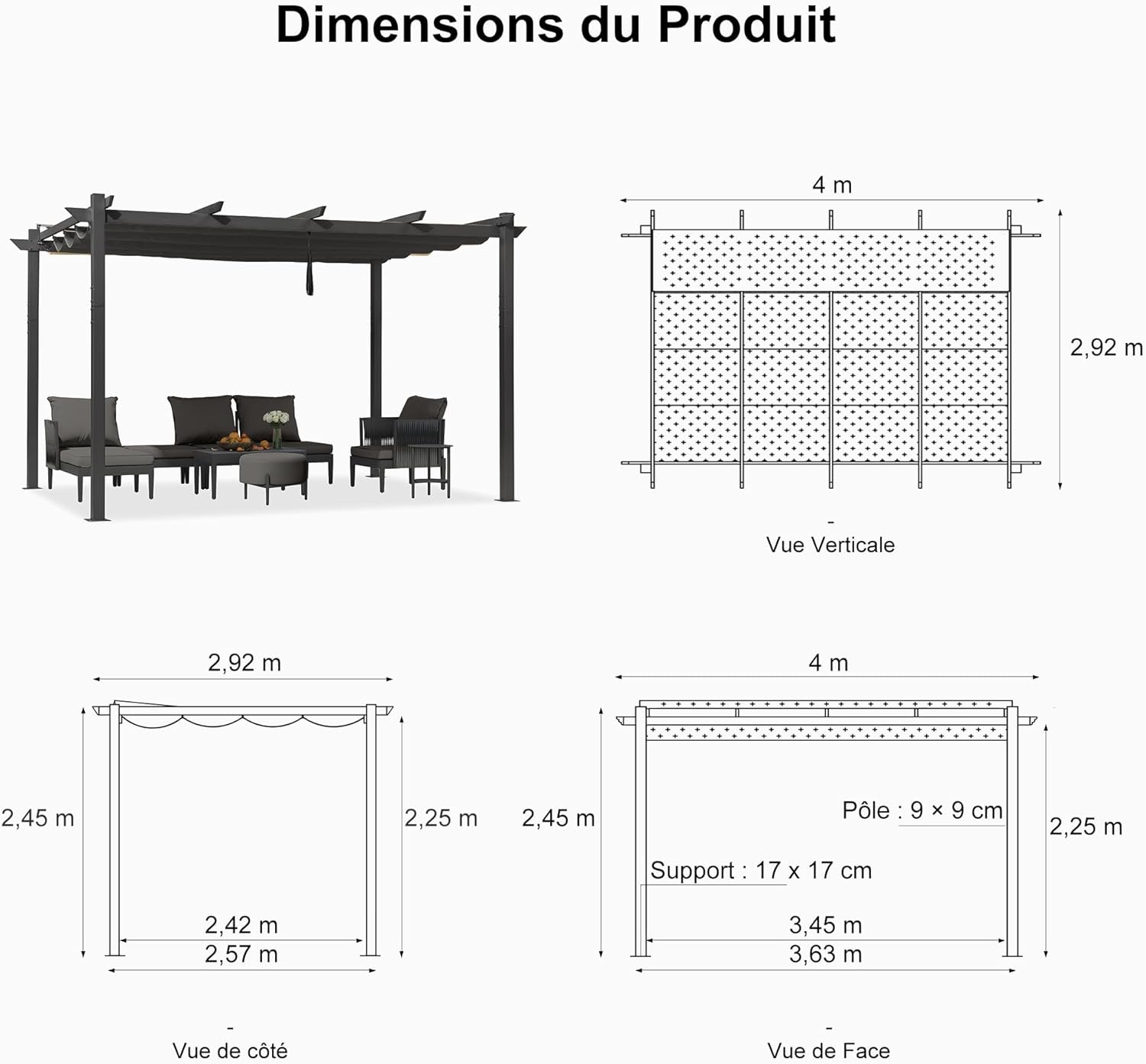 etevert - Pergola Aluminium - 4x3m - Rideau, toit rétractable, imperméable