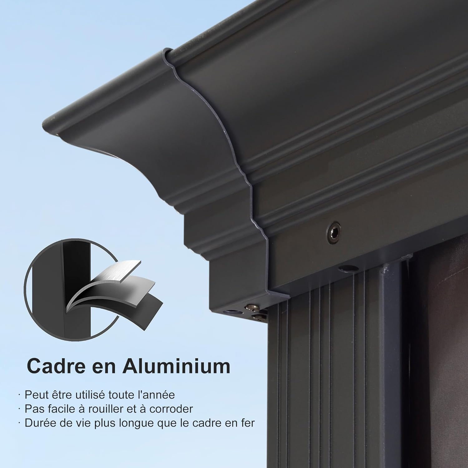 etevert - tonnelle aluminium - 6x3,65m - LED, rideaux, gouttière, gris