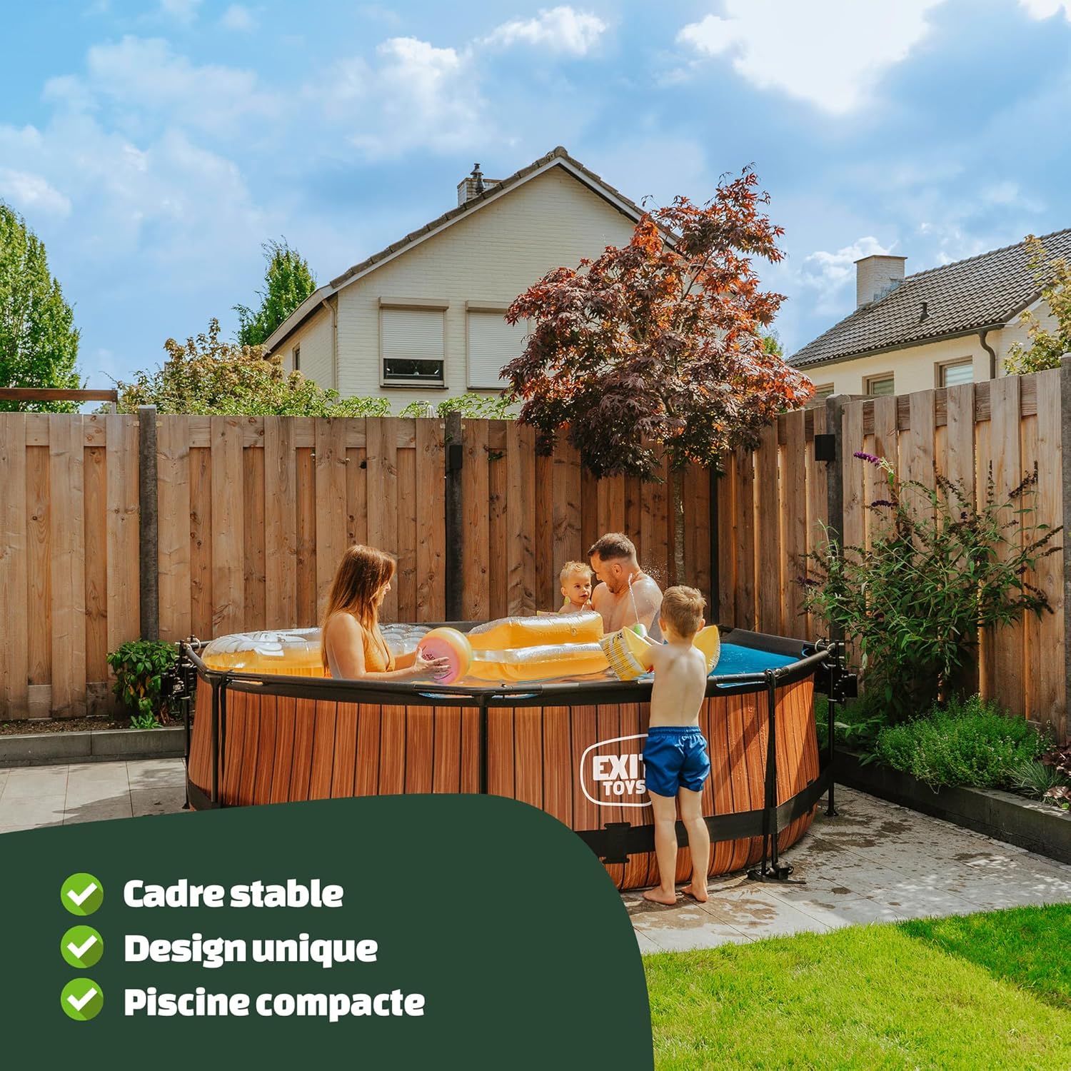 etevert Piscine Tubulaire Wood - ø300x76cm - Piscine Hors Sol Ronde avec Pompe Filtrante à Cartouche - Entrée Basse - Idéal pour Les Jeunes Enfants - Cadre Stable - Design Unique - Marron