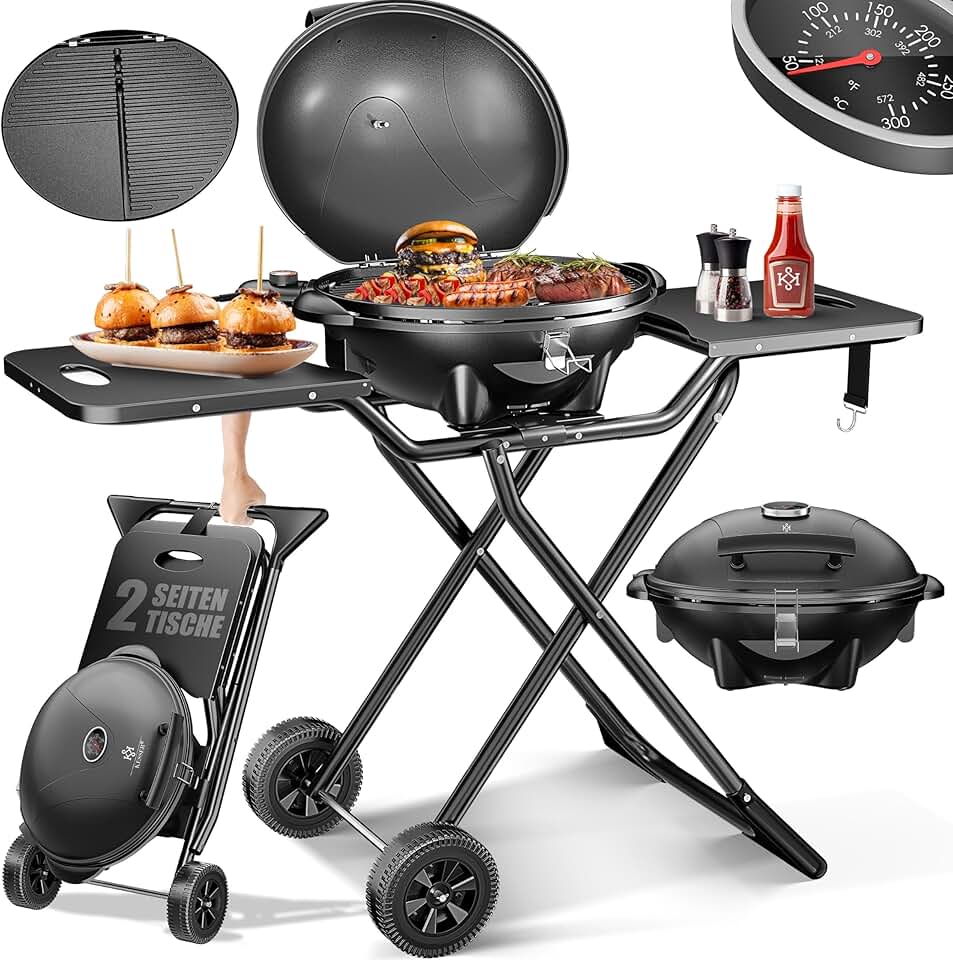 etevert - Gril électrique pliable, 2400W, couvercle, thermomètre, table