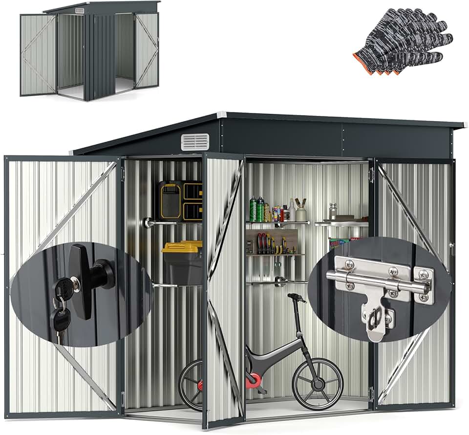 etevert Abri de Jardin Métal 235X117X185CM avec 2 Portes Verrouillable-Loquets Clés Inclus et Fenêtres, Cabane à Outils Cabanon Résistant aux intempéries pour Poubelles Extérieur (Gris, 5M³)
