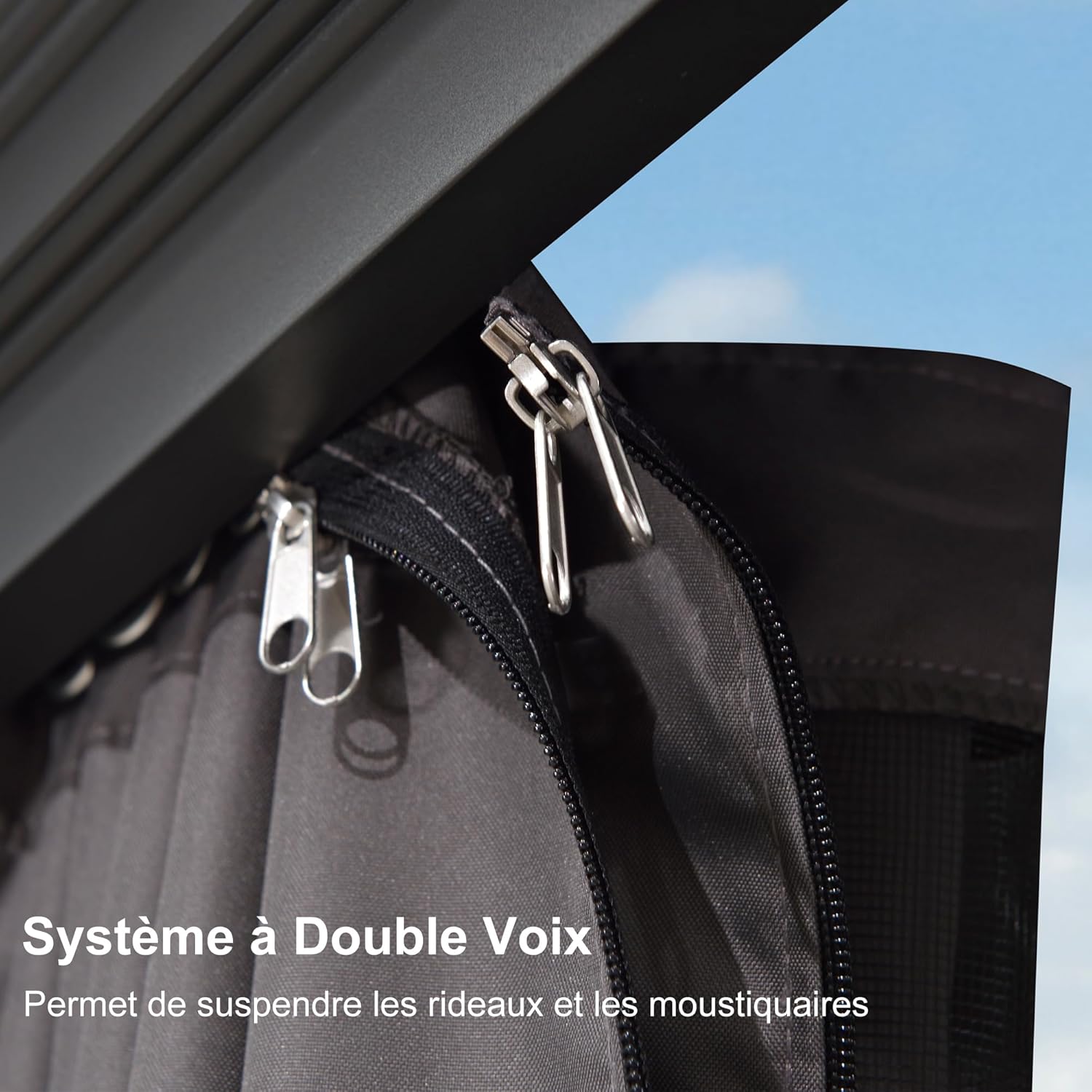etevert - tonnelle aluminium série - 4,85x3,65m - éclairage intégré, rideaux moustiquaires, gouttière, gris