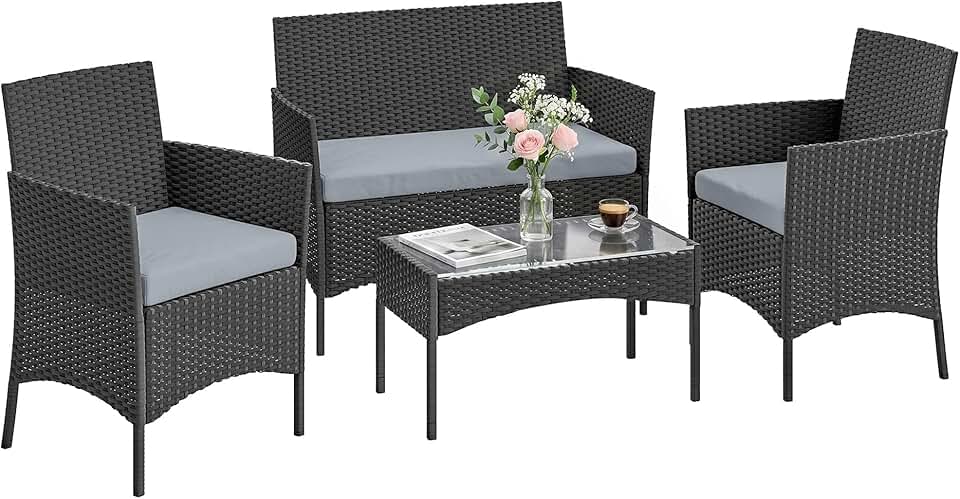 etevert - Salon de Jardin 4 pers - résine tressée, coussins, table verre, gris