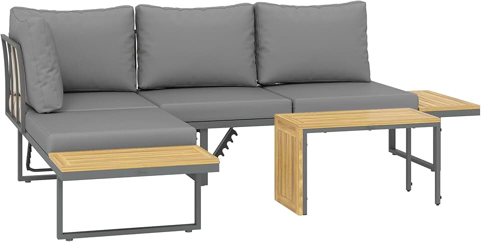 etevert - salon de jardin bois acacia 6 places modulable - coussins, dossier ajustable, gris