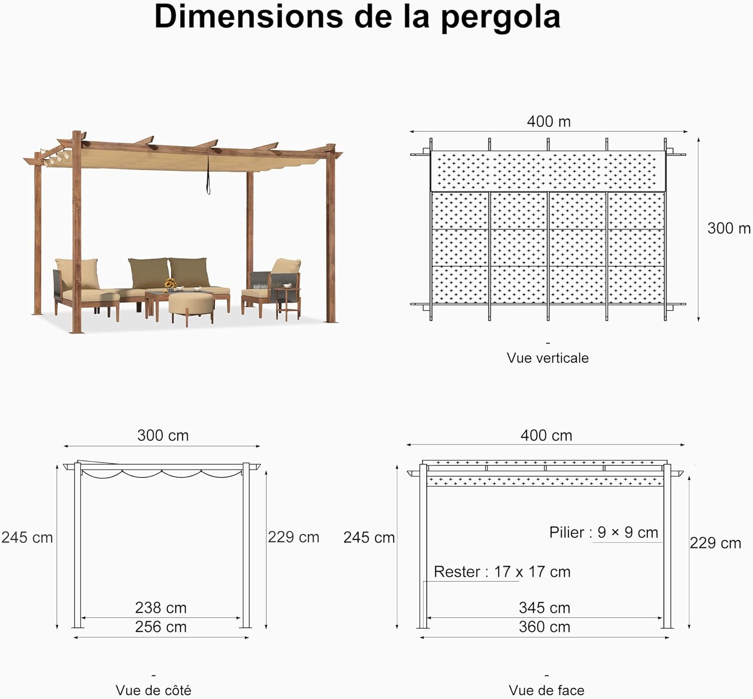 etevert - pergola aluminium 4x3m teck, toile rétractable, kaki