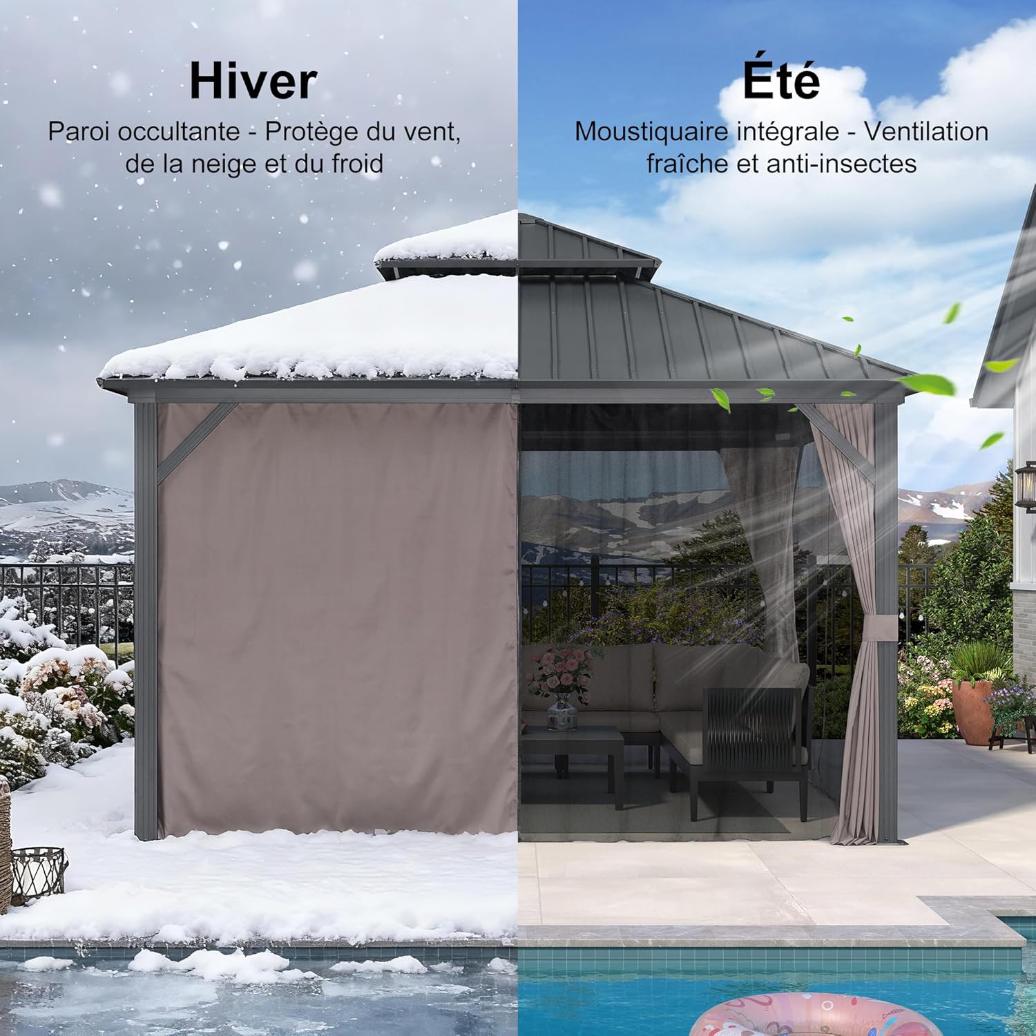 etevert Tonnelle de Jardin Extérieur 3,65 x 3,65 m avec Guirlande Lumineuse, Pavillon Aluminium à Double Toit en Acier Galvanisé, Pergola Jardin Extérieur avec Rideaux pour Fête, Barbecue, Gris