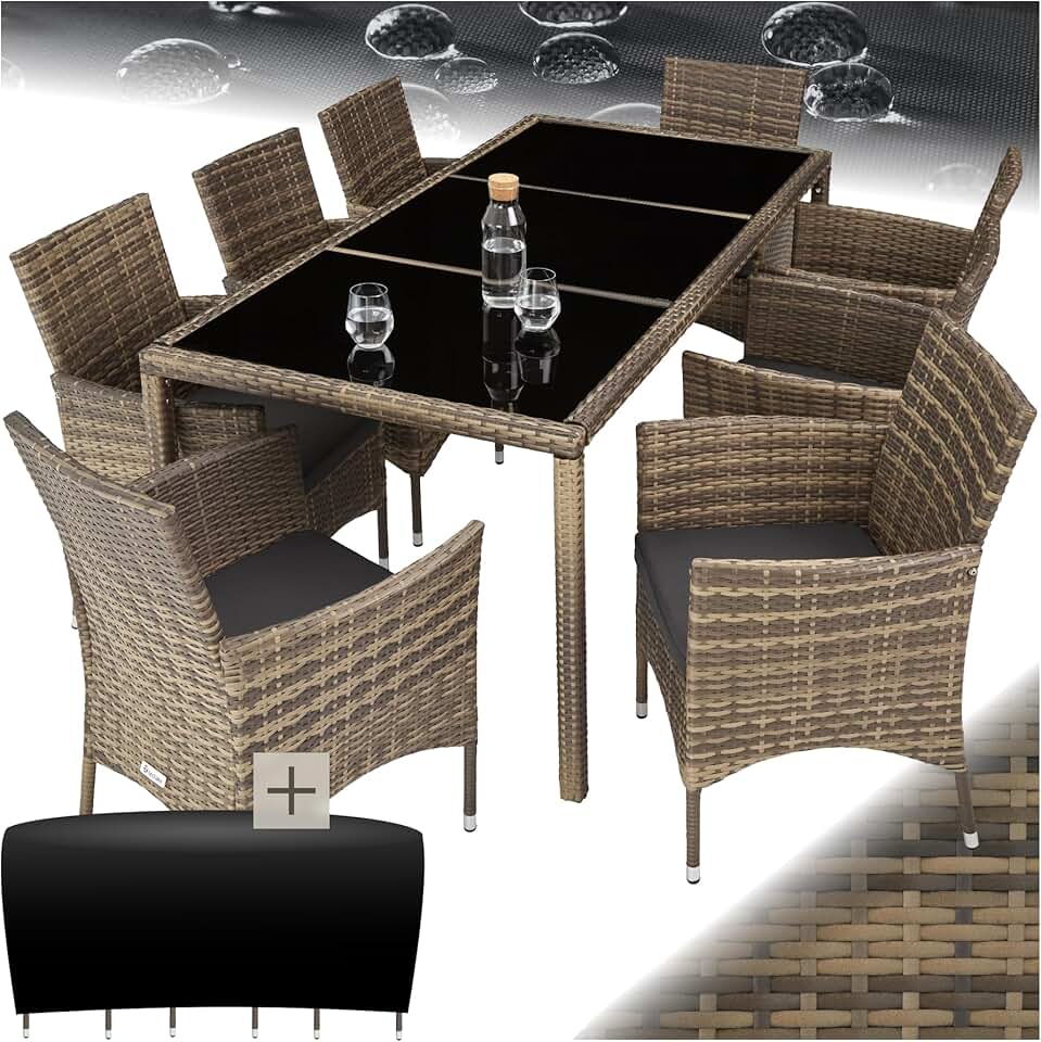 etevert - Salon de jardin rotin, 8 fauteuils, table, housse, confort, marron naturel/gris foncé