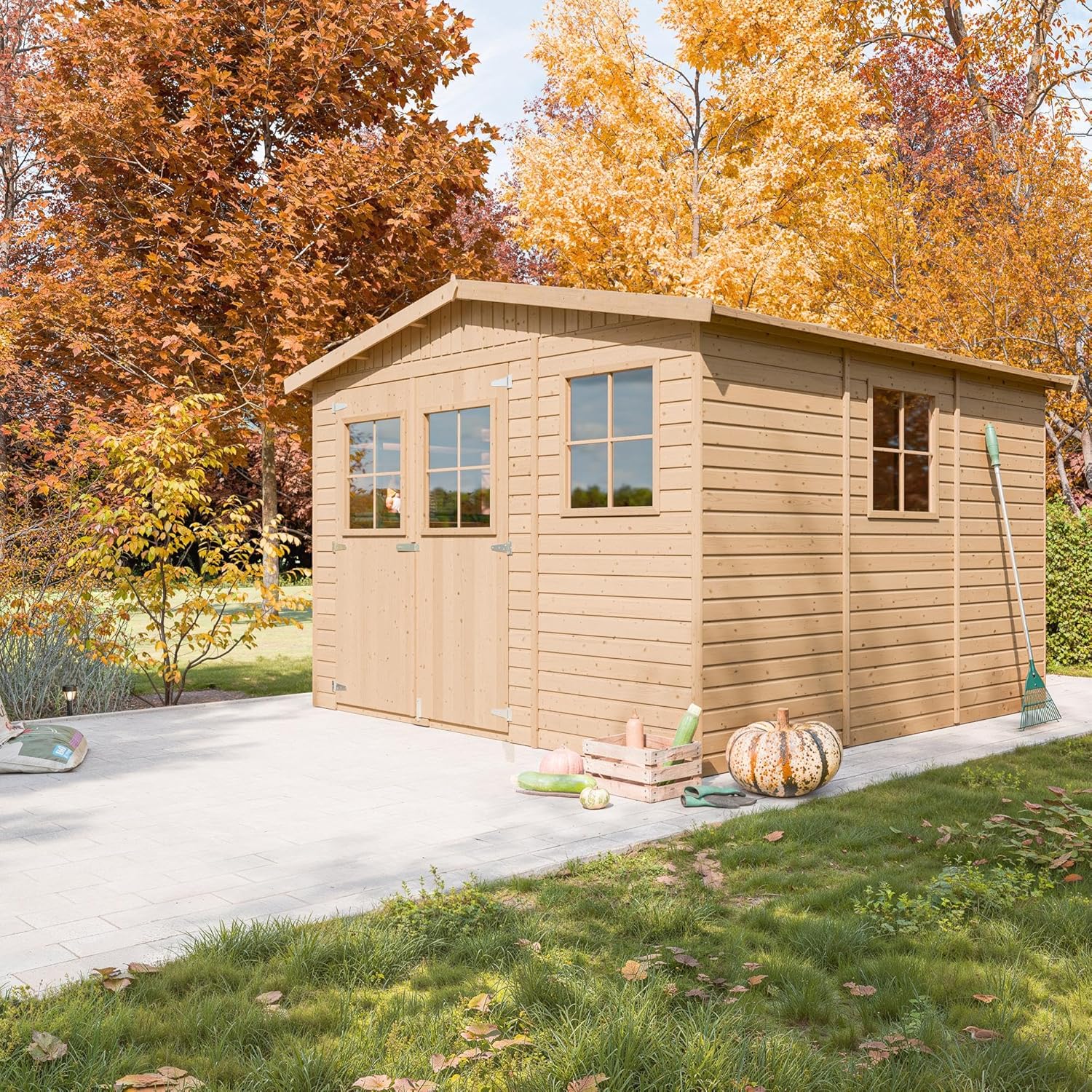 Abri de Jardin en Bois Naturel - Stockage extérieur avec fenêtres- H226x316x324 cm/9 m² Hangar en Bois Naturel - Atelier Rangement Outils et vélos- etevert M335