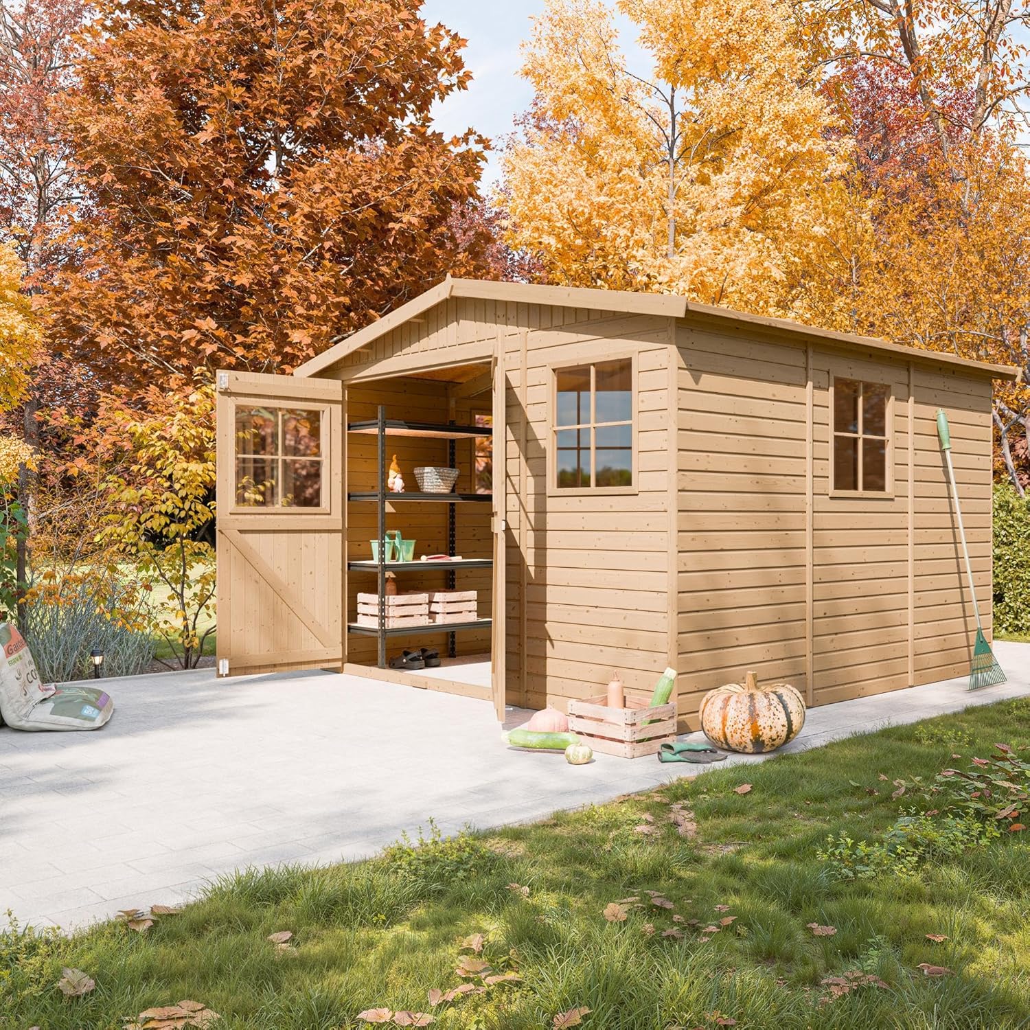 Abri de Jardin en Bois Naturel - Stockage extérieur avec fenêtres- H226x316x324 cm/9 m² Hangar en Bois Naturel - Atelier Rangement Outils et vélos- etevert M335