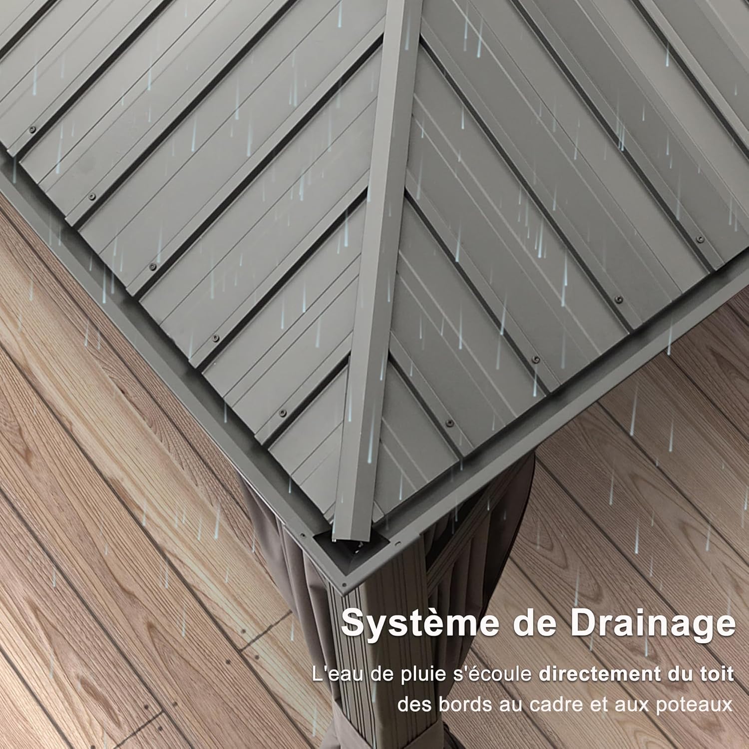 etevert - tonnelle aluminium série - 4,85x3,65m - éclairage intégré, rideaux moustiquaires, gouttière, gris