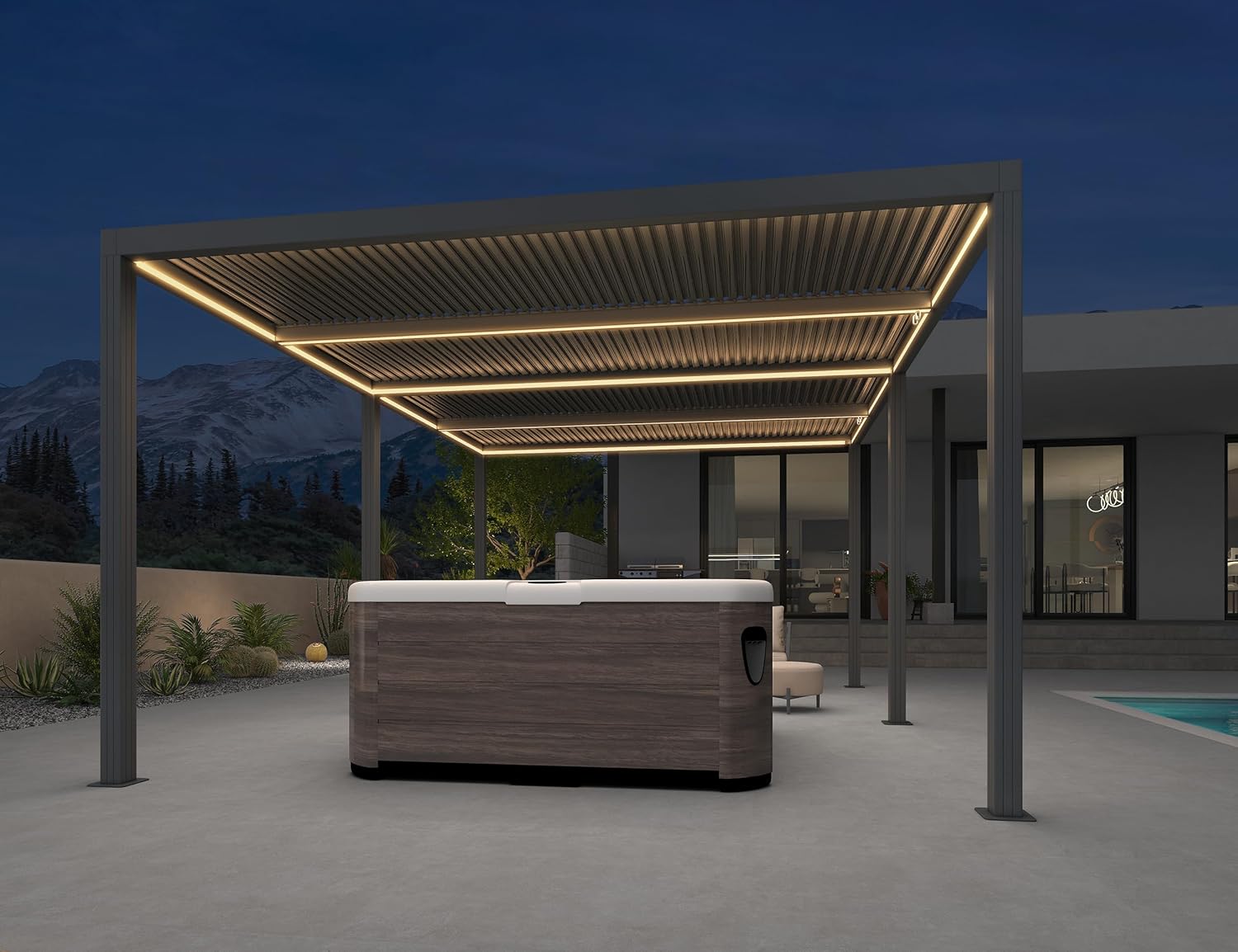 etevert - Pergola bioclimatique - 6 x 3,68 m - alu, LED, gouttières, gris
