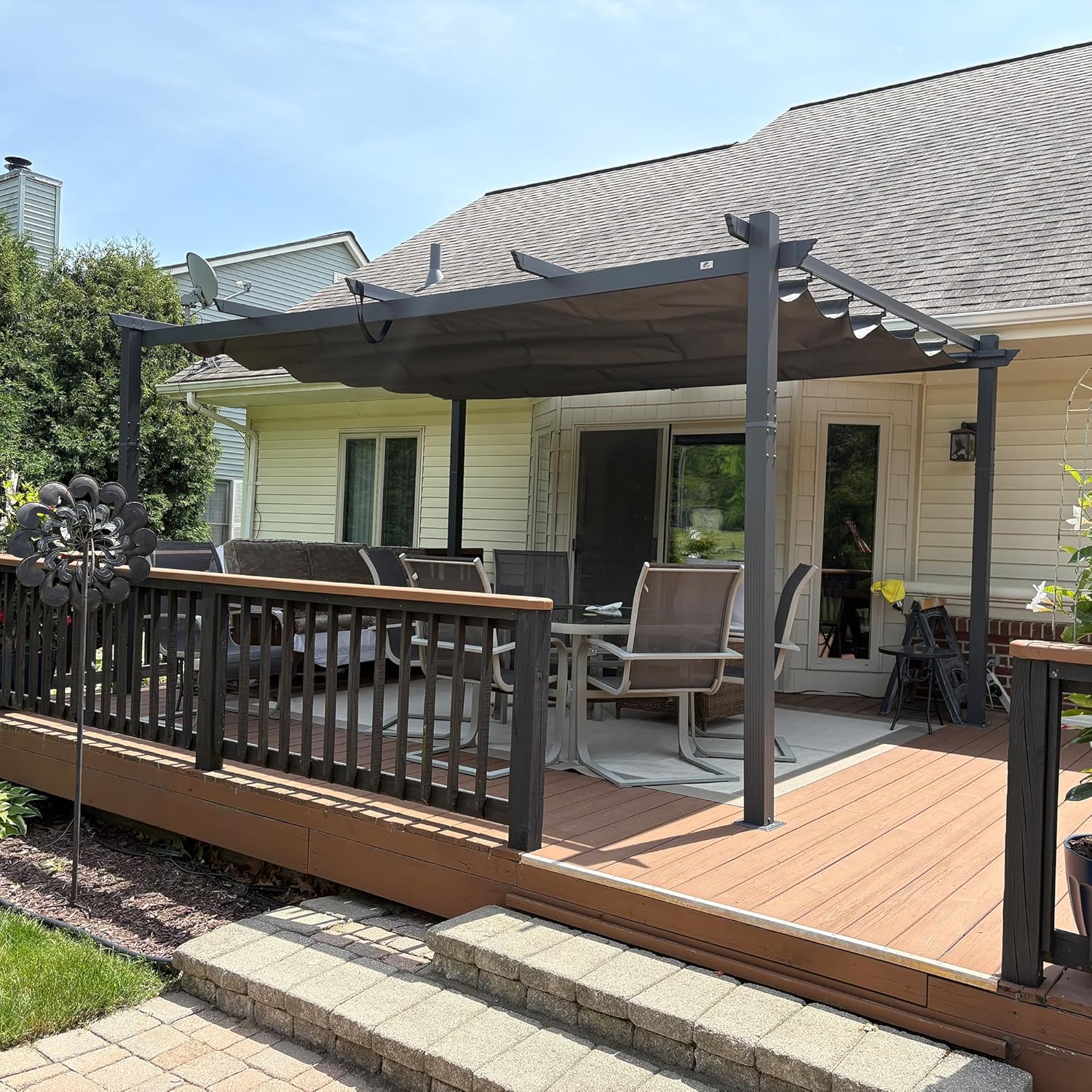 etevert - Pergola aluminium - 4,8x3,5m - toit coulissant, tissu teint en fil, gris