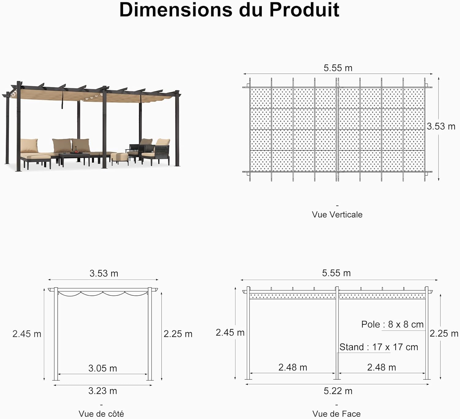 etevert - pergola aluminium 5,5x3,5m toit rétractable LED kaki