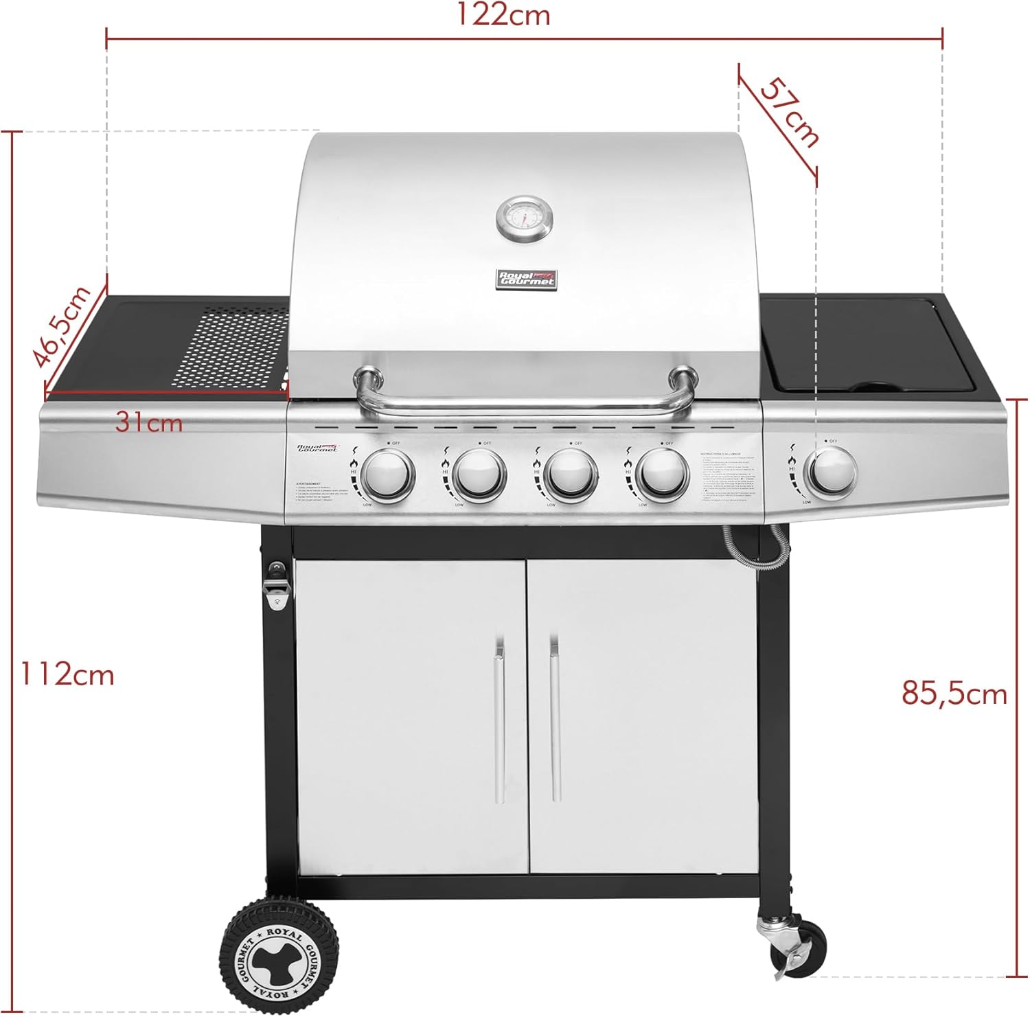 etevert - Barbecue Gaz 4+1 brûleurs inox - 14,5kW - 2 portes, thermomètre, roues directionnelles