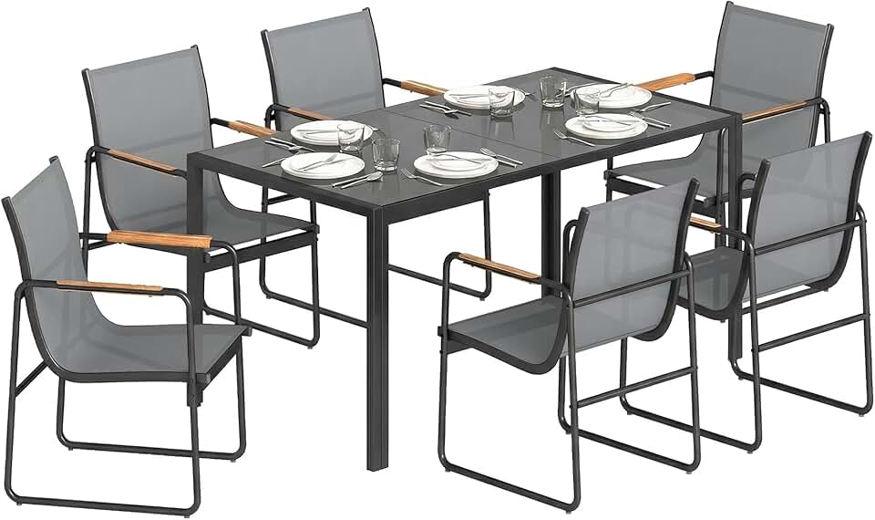 etevert - Ensemble salle à manger 6 places - table verre, structure acier - gris