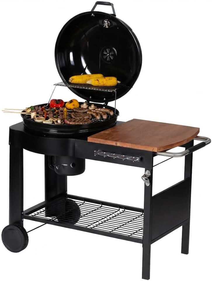 etevert - Barbecue Calgary - acier/bois - couvercle thermomètre, tablettes, 2 roues, noir