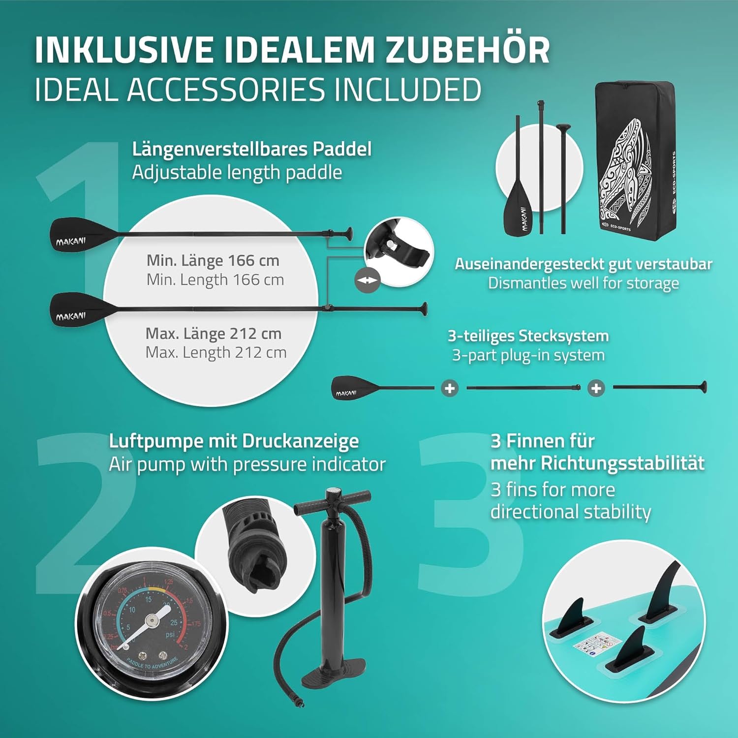 etevert - Stand Up Paddle Board - 305/308/320/380 cm - PVC, jusqu’à 150 kg, 10/15 cm, sac, pompe