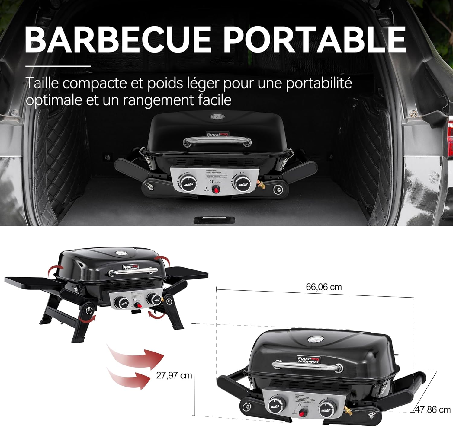 etevert - Barbecue Gaz 2 brûleurs - 48x37 cm - tables pliables, 5kW