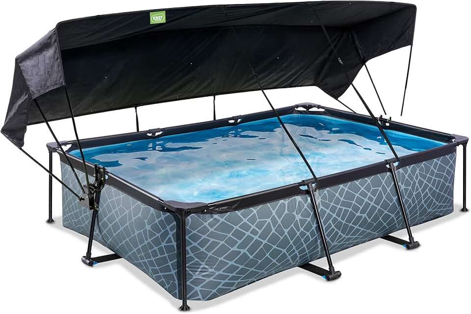 etevert Piscine Stone avec Voile d'Ombrage - 300x200x65cm - Piscine Hors Sol Rectangulaire avec Pompe Filtrante à Cartouche - Protection Optimale Contre Les Rayons UV - Entrée Basse - Gris