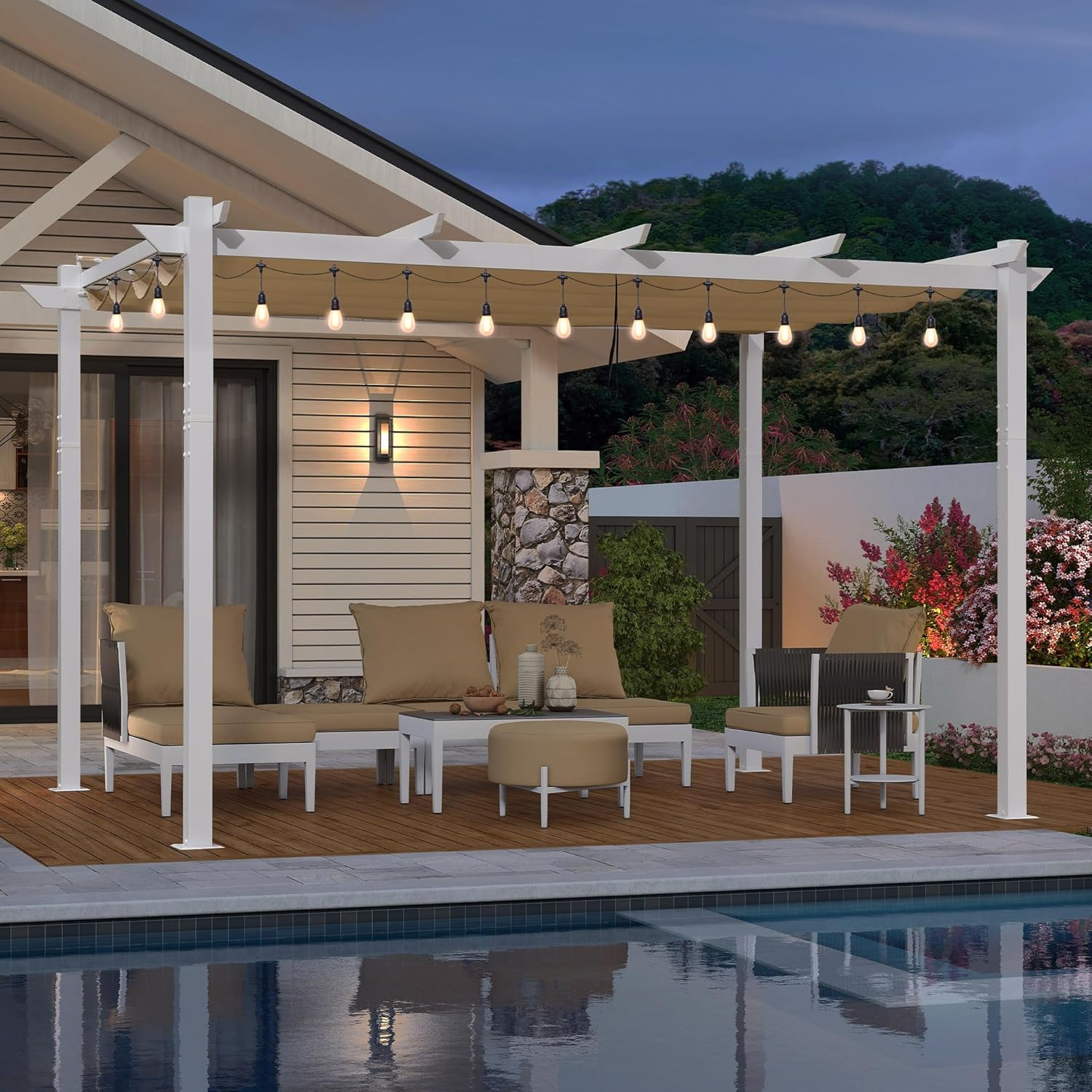 etevert - Pergola aluminium - 4x3m - éclairage intégré, toit kaki