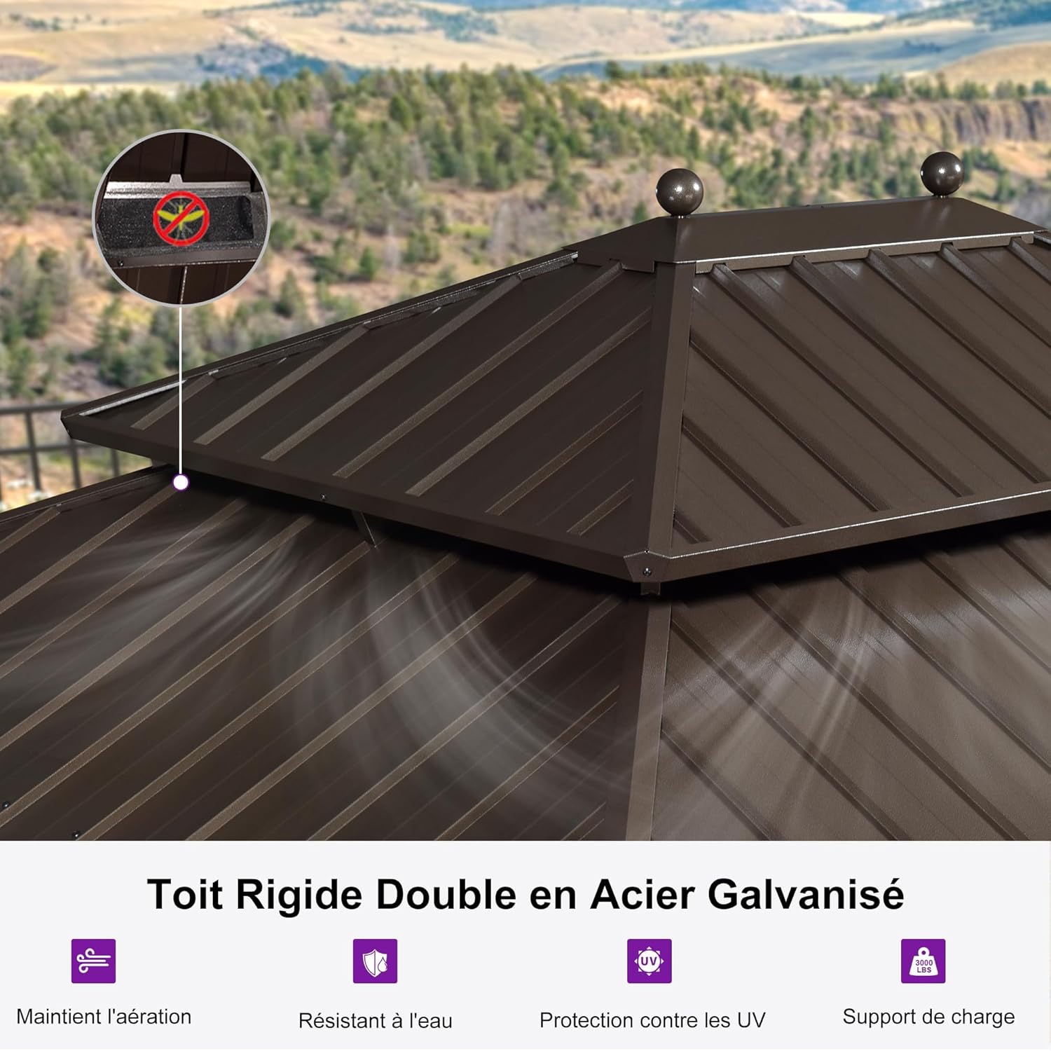 etevert - pergola extérieure 4,25x3m - alu, LED, rideaux, gouttière