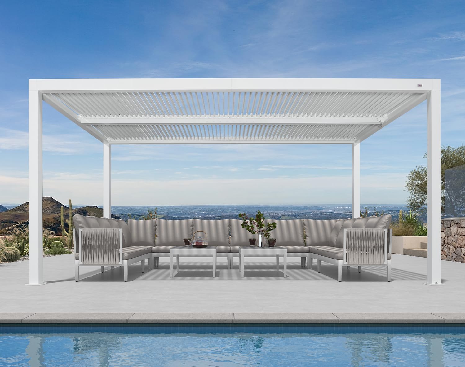 etevert - Pergola bioclimatique aluminium 4,6x3,3m, lames orientables, blanc