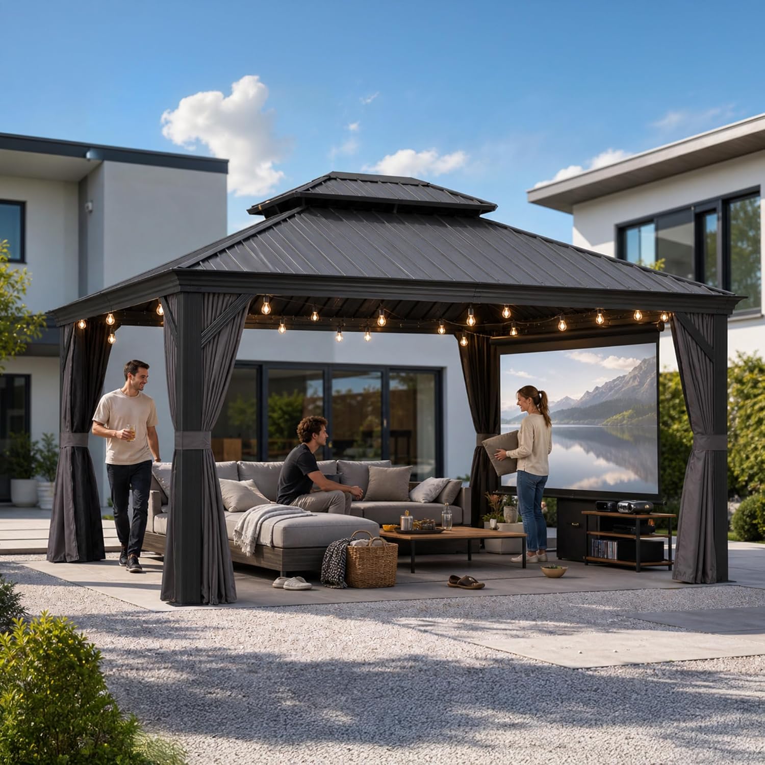 etevert - tonnelle jardin - 4,25x3,65m - toit acier, moustiquaire, rideaux, poteaux renforcés
