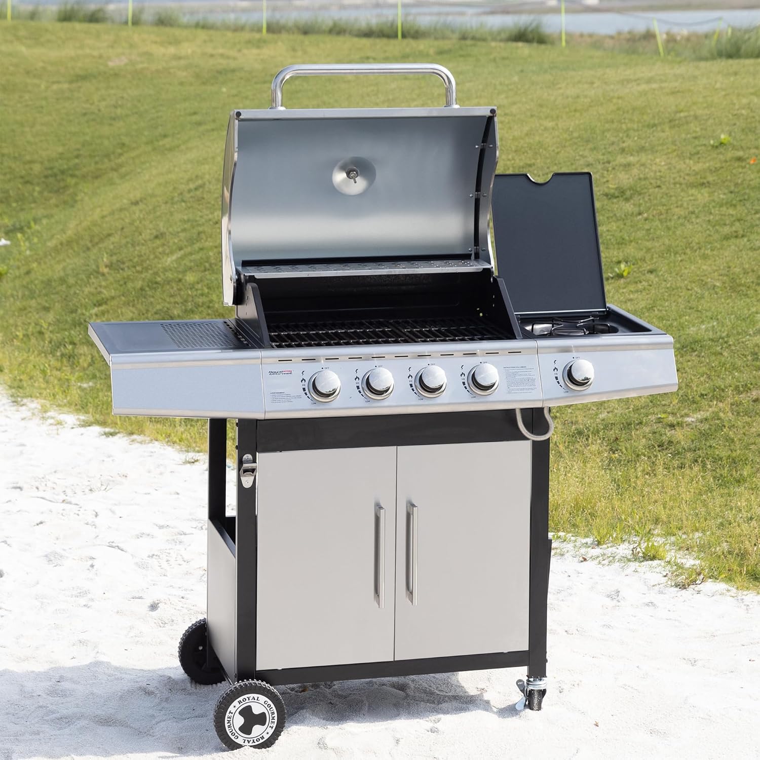 etevert - Barbecue Gaz 4+1 brûleurs inox - 14,5kW - 2 portes, thermomètre, roues directionnelles