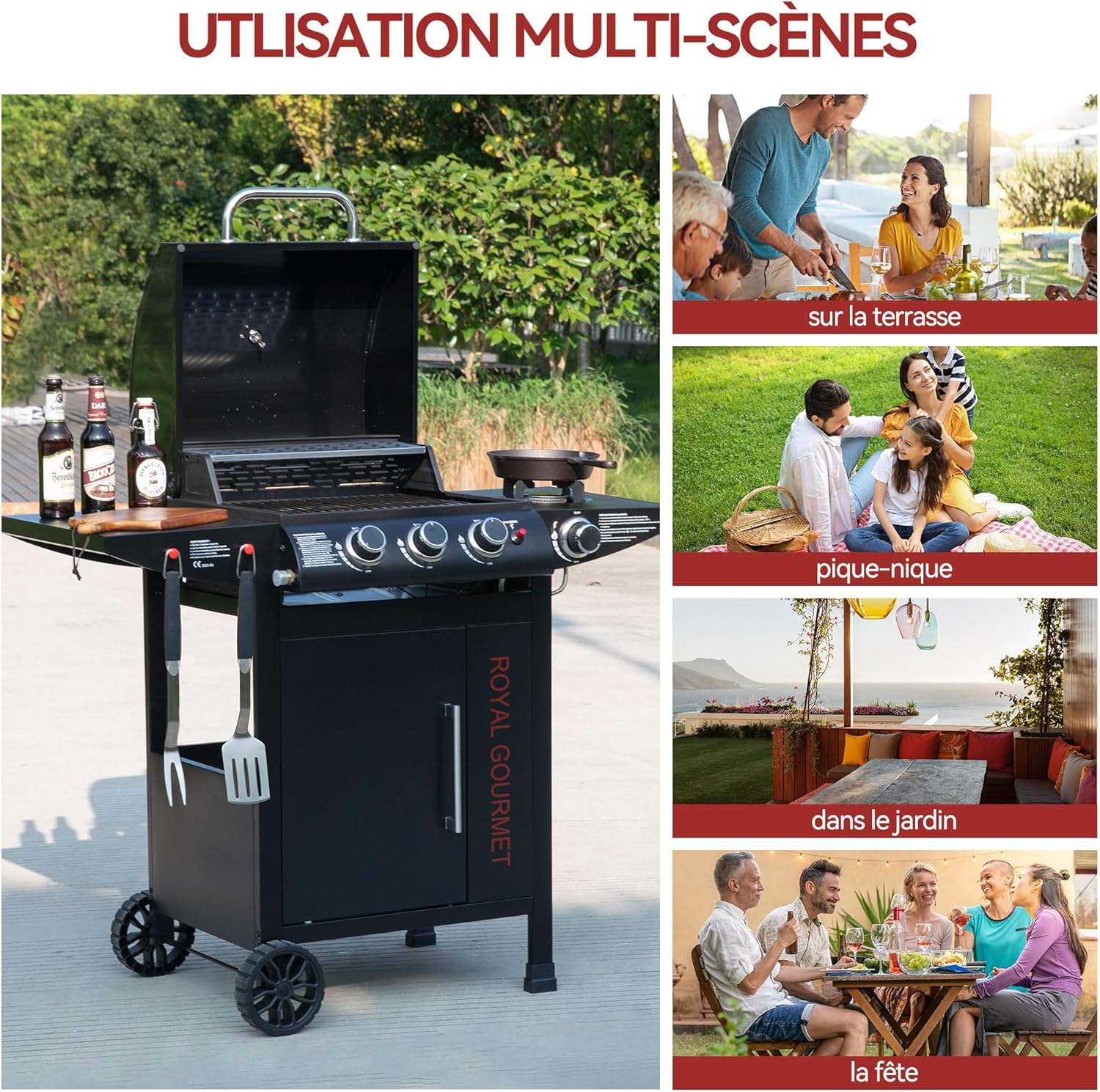 etevert - barbecue gaz 3+1 brûleurs inox - 11,5 kW - chariot, 2 roues, thermomètre