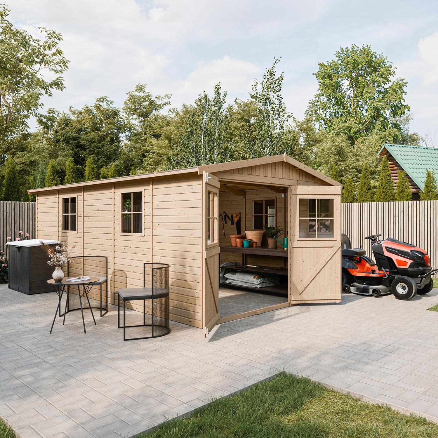 Abri de Jardin en Bois Naturel - Stockage extérieur avec fenêtres- H226x324x516 cm/15 m² Hangar en Bois Naturel - Atelier Rangement Outils et vélos- etevert M337