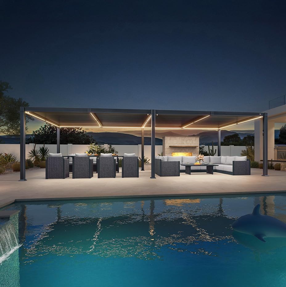 etevert - Pergola bioclimatique - 3,5x8,5m - aluminium, lames LED, étanche